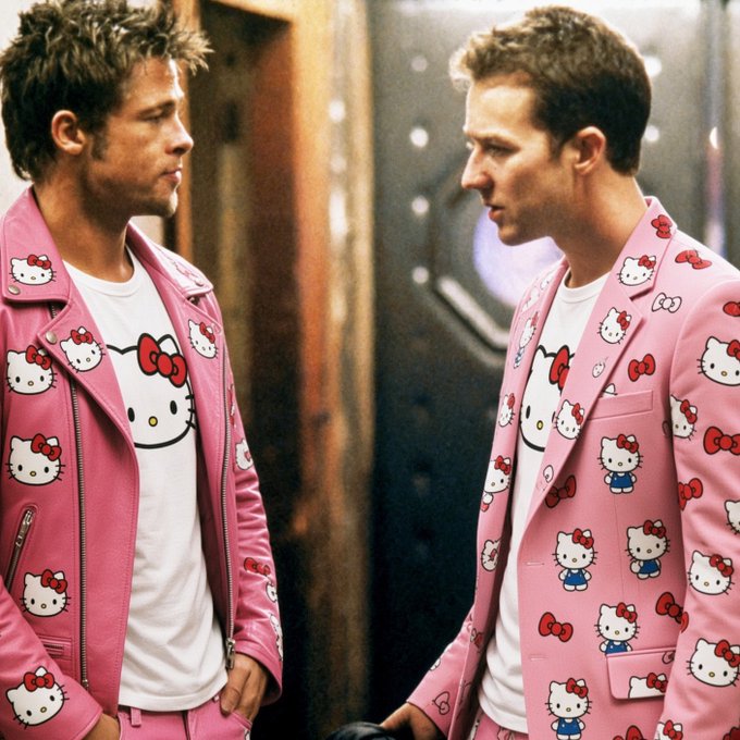 Two men wearing matching pink Hello Kitty-themed jackets and white t-shirts face each other in what appears to be a stylish setting, humorously embodying the post's "$KITTY" reference through their coordinated feline-patterned attire that ties together the playful crypto meme aesthetic.