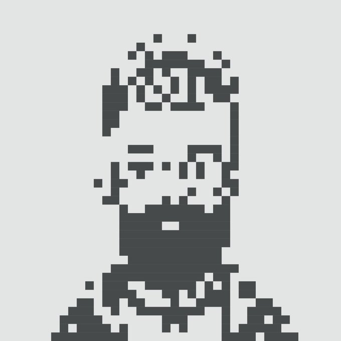 A pixel art portrait of a man with curly hair and a beard, rendered in a minimalist black and white style reminiscent of 8-bit or retro video game graphics.