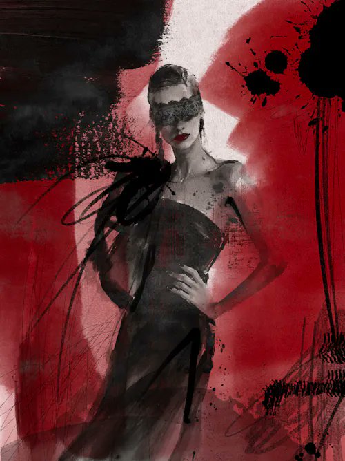 An expressive fashion illustration of a woman wearing a black lace mask and dress, rendered in dramatic red, black, and white paint splashes and brushstrokes.