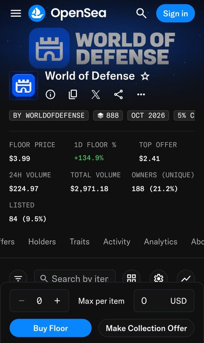 A screenshot of the OpenSea NFT marketplace page for a collection called 'World of Defense' by WORLDOFDEFENSE, showing stats like a floor price of $3.99 and 24-hour volume of $224.97.