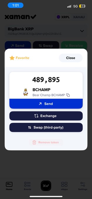 A screenshot of the Xaman wallet app showing a token balance of 489,895 BCHAMP (Bear Champ) with options to Send, Exchange, or Swap.