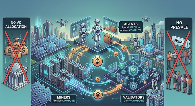 Infographic for a blockchain project highlighting 'No VC Allocation' (with crossed-out money bags) and 'No Presale,' while showing a central ecosystem with AI agents, miners providing compute, and validators verifying compute.