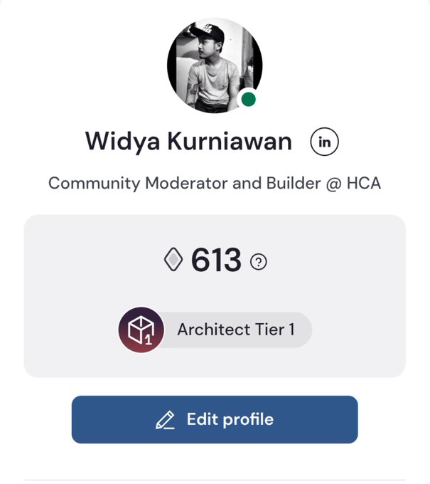 A LinkedIn-style profile screenshot for Widya Kurniawan, Community Moderator and Builder @ HCA, showing 613 points and an 'Architect Tier 1' badge.