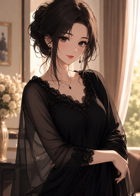 An anime-style illustration of a young woman with dark hair in an elegant updo, wearing a sheer black dress with lace details, a black choker, and dangling earrings in a softly lit room.