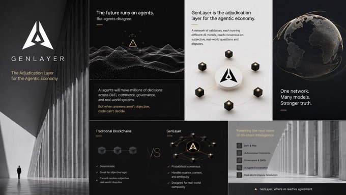 The image features a poster or flyer that promotes the concept of blockchain technology. The text on the poster highlights the fact that GenLayer is building an AI-based Court for agents, which can handle "Maybe" situations. This implies that the system is designed to adapt and respond to uncertain circumstances in the economy. The poster also includes a comparison between traditional chains and the AI-based Court, stating that while traditional chains are deterministic calculators, the AI Court can handle subjective truth or uncertainty better.