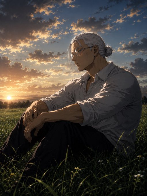 An anime-style illustration of a white-haired man with glasses sitting contemplatively in a grassy field at sunset.
