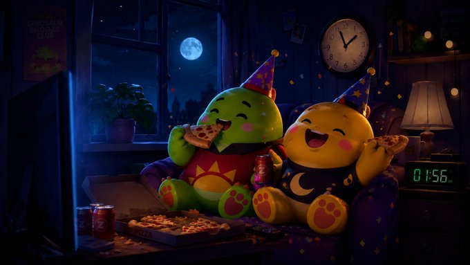Two cartoon characters—one green dinosaur in a party hat eating pizza and one yellow figure in a wizard hat—sit on a couch watching TV and drinking soda under a moonlit window, with a digital clock reading 01:56.