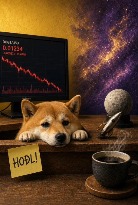A digital artwork featuring a Shiba Inu puppy on a desk next to a 'HODL!' sticky note, coffee cup, moon globe, and rocket, with a monitor showing DOGE/USD down 31.48%.