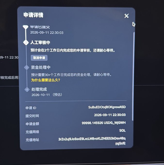 A screenshot of an application details page ('申请详情') in Chinese, showing a 4-step process timeline with the first step '申请已提交' (Application Submitted) on '2026-09-11 22:30:03', and listing an '申请金额' (Application Amount) of '99998.145926 USDG_WJGW.H'.
