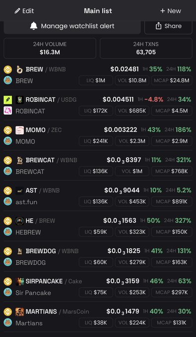 A cryptocurrency tracking app screenshot titled 'Main list' showing market data for various tokens including BREW/WBNB, ROBINCAT/USDG, MOMO/ZEC, and BREWCAT/WBNB, with 24H volume at $16.3M and 63,705 transactions.