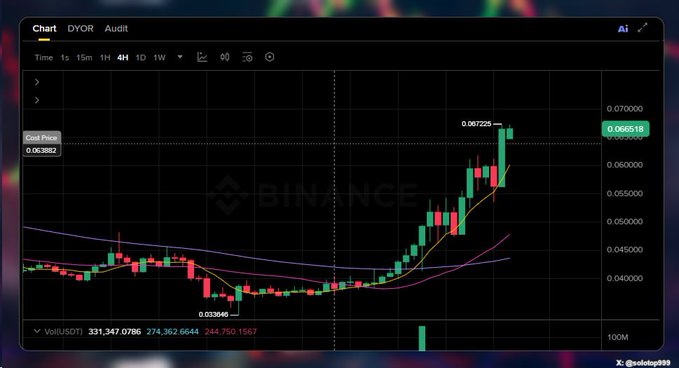 The image shows a Binance 4H chart for DYOR/USDT with candles trending sharply upward, reaching around $0.0665, with a notable low marked at $0.0336 and a current price callout of 0.063882, likely highlighting the volatile, herd-driven price action that contributed to the poster's Futu trading loss.