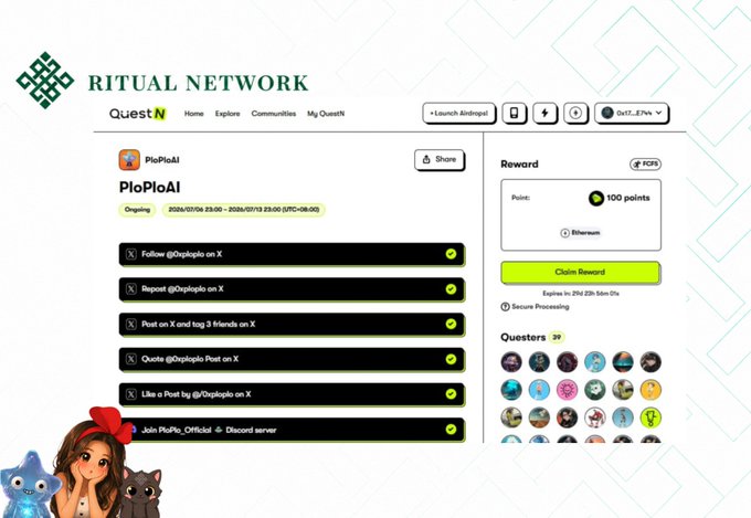 A screenshot of the 'Ritual Network' QuestN platform showing an ongoing 'PioPioAI' campaign with tasks like following on X and liking posts, offering a 100-point reward.