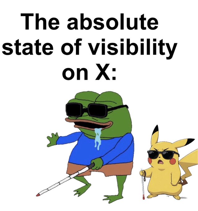 A meme titled 'The absolute state of visibility on X:' features Pepe the Frog with sunglasses and a white cane alongside Detective Pikachu with sunglasses and a cane.