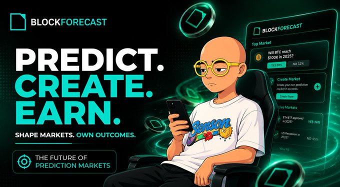 A promotional graphic for 'BLOCKFORCAST' features the text 'PREDICT. CREATE. EARN.' alongside a cartoon character using a smartphone and a market interface.
