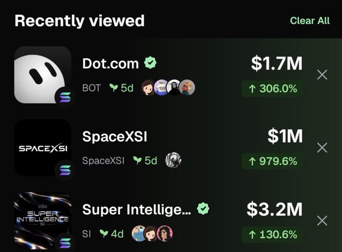 A digital interface showing a "Recently viewed" list with three cryptocurrency tokens (Dot.com, SpaceXSI, Super Intelligence) and their respective values and percentage increases.
