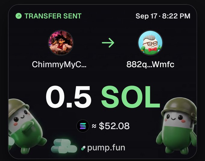 A "Transfer Sent" notification dated Sep 17 at 8:22 PM shows that "ChimmyMyC..." sent 0.5 SOL (approximately $52.08) to "882q...Wmfc" via pump.fun, likely depicting a prize payout to the first winner of a contest or giveaway.