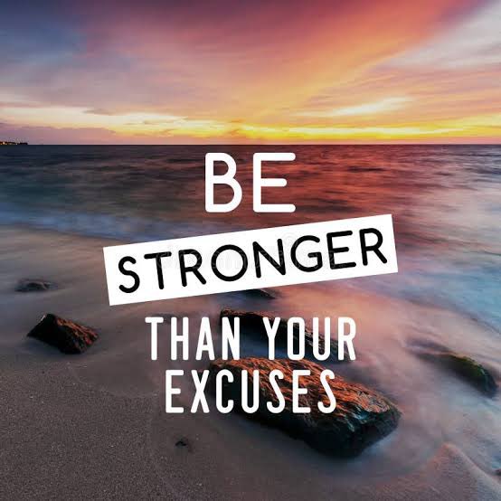 Motivational poster with a sunset over the ocean and rocks on a beach, featuring the text 'BE STRONGER THAN YOUR EXCUSES'.