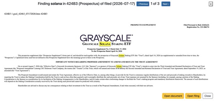 The image shows an SEC filing preview from a document search for "solana" in a 424B3 prospectus filed on July 17, 2026, displaying the cover page of Grayscale Solana Staking ETF's Prospectus Supplement, dated July 17, 2026. The document text outlines a "Proposed Amendment" to the Trust Agreement that would amend and restate the agreement to provide for the Trust to commence distributions of staking rewards to shareholders, directly relating to Grayscale's update enabling the ETF to distribute staking rewards to shareholders.