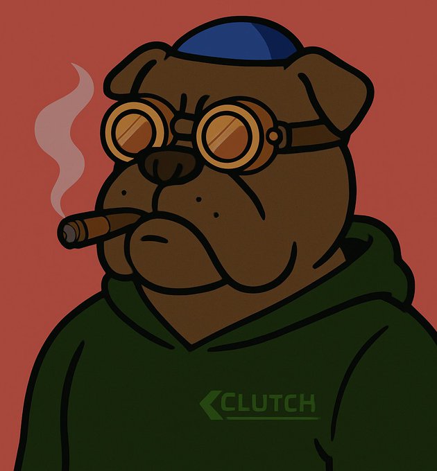 A bulldog wearing goggles, a blue cap, and a green "CLUTCH" hoodie smokes a cigar with a stoic expression against a red background. The cool, unbothered vibe of the mascot mirrors the post's casual acceptance of a losing trade, embodying the "sum u win, dim sum u lose" mindset.