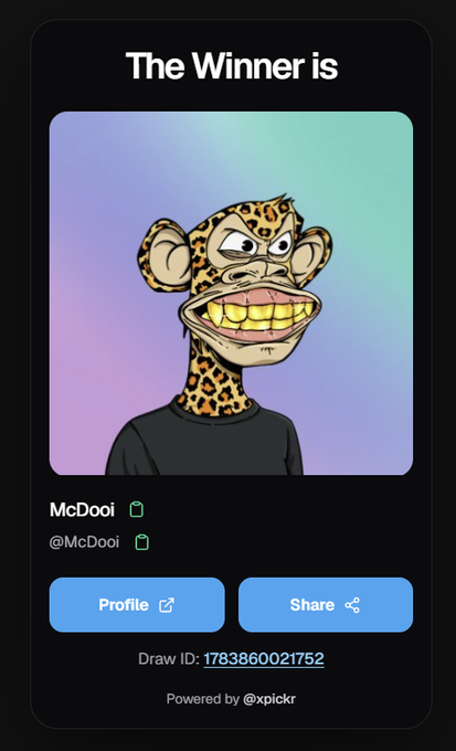 A winner announcement card for McDooi (@McDooi) featuring a cartoon leopard character with a wide grin, displaying a Draw ID of 1783860021752 and powered by xpickr.