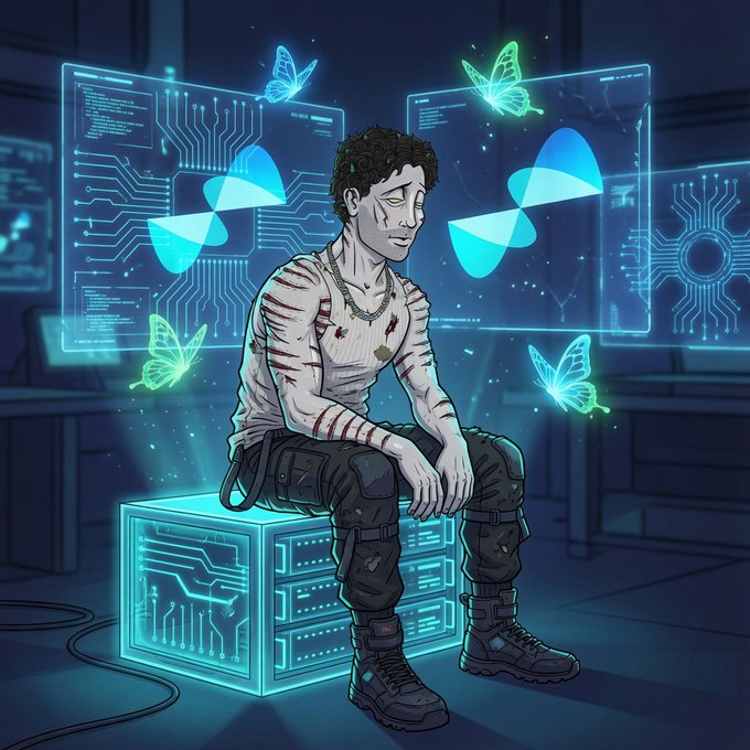 A digital illustration of a bruised and bandaged young man sitting on a glowing blue technological box, with circuit board patterns and glowing butterflies displayed on screens behind him.