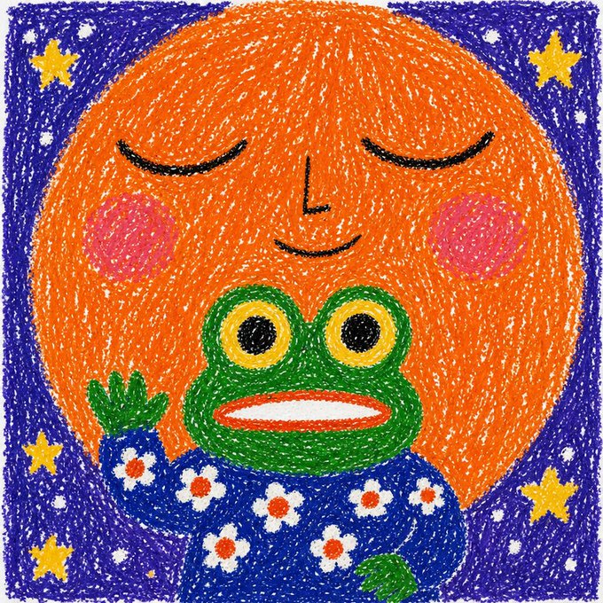 A colorful crayon-style illustration of a smiling, closed-eye orange figure wearing a floral blue dress, holding a green frog against a starry night sky.