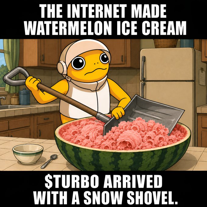 A cartoon frog-like character in a chef's outfit stands in a kitchen, using a snow shovel to scoop ice cream from a giant hollowed-out watermelon. The meme includes the text "THE INTERNET MADE WATERMELON ICE CREAM" at the top and "$TURBO ARRIVED WITH A SNOW SHOVEL." at the bottom, humorously illustrating the post's joke about $TURBO taking the simple watermelon ice cream hack to an industrial extreme with oversized equipment.