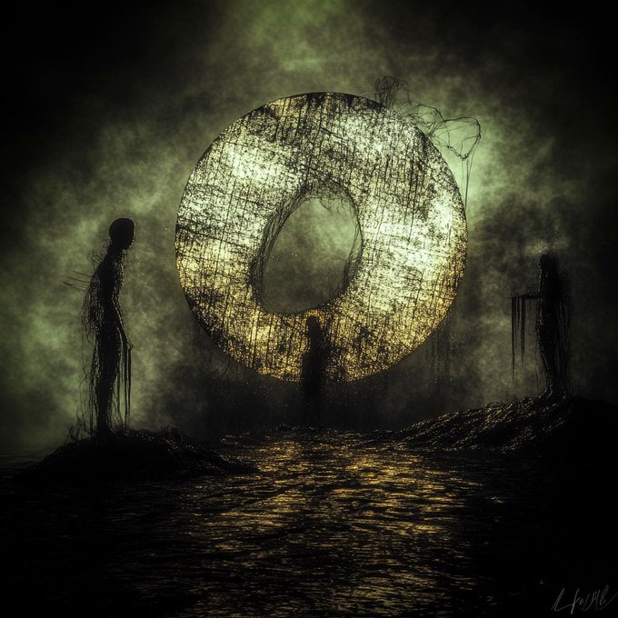 A dark, surreal artwork depicting a shadowy figure standing before a large, glowing, textured ring or portal in a greenish fog.