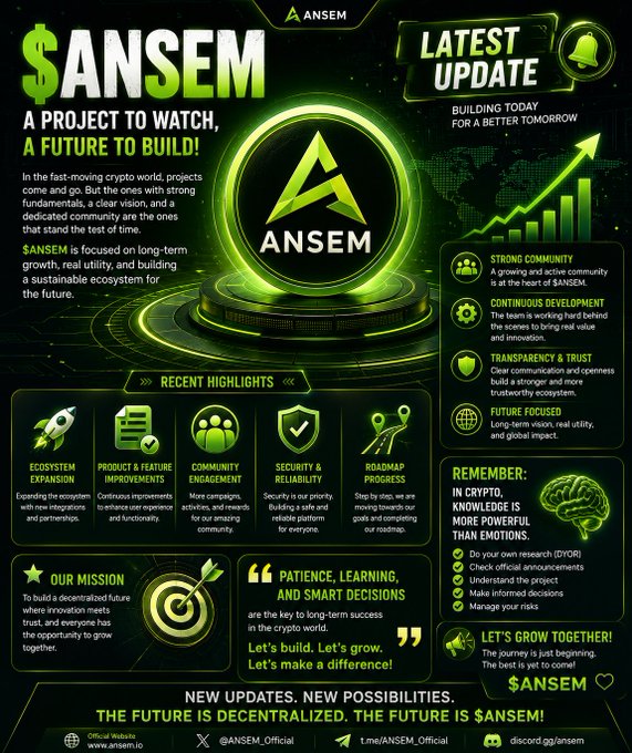 A green-themed promotional infographic for the $ANSEM cryptocurrency project, detailing its mission, recent highlights, roadmap progress, and reminders about DYOR in crypto.