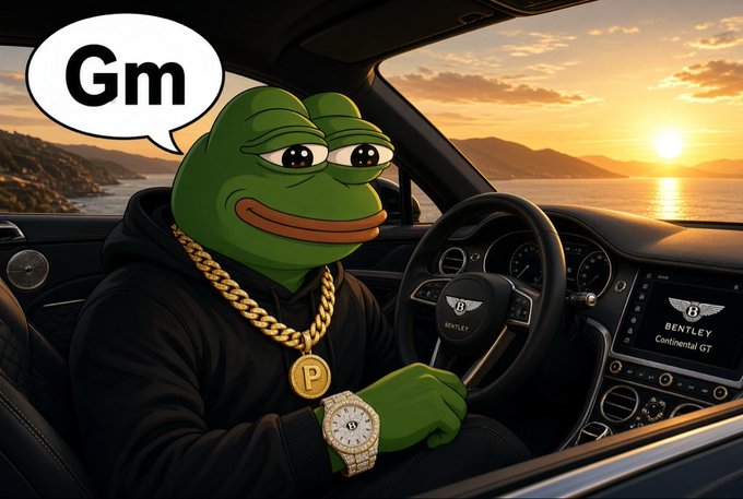 A Pepe the Frog meme character wearing a black hoodie, gold chain, and luxury watch, sitting in a Bentley Continental GT with a 'Gm' (good morning) speech bubble against a sunset coastal backdrop.