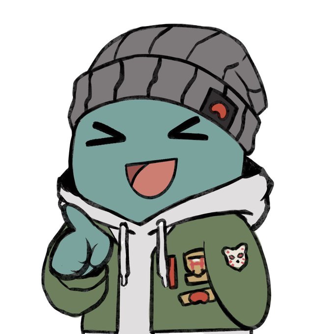 A cartoon illustration shows a cheerful green-skinned character wearing a gray beanie and green jacket with patches, laughing with closed eyes while pointing forward.