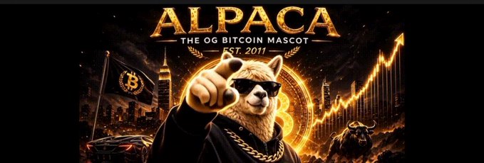 A stylized alpaca wearing sunglasses and a gold chain points confidently at the viewer against a backdrop of a fiery Bitcoin price chart and city skyline, with the text "ALPACA — THE OG BITCOIN MASCOT — EST. 2011" displayed prominently above. A Bitcoin flag flies in the background alongside a bull, reinforcing the meme's deep ties to early Bitcoin culture and its revival as the $ALPACA Solana meme project.