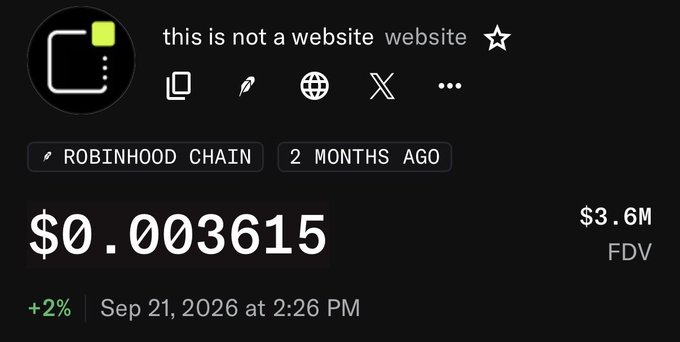 Token price page on a crypto tracker showing 'this is not a website website' (TINAW) on Robinhood Chain trading at $0.003615 with a $3.6M FDV.