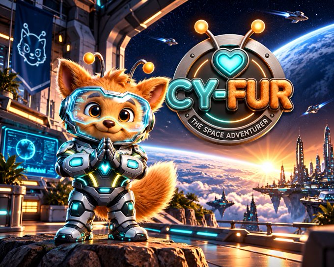 Promotional artwork for 'CY-FUR: THE SPACE ADVENTURER' featuring a cute anthropomorphic fox character in futuristic armor standing on a high-tech balcony overlooking a space city.