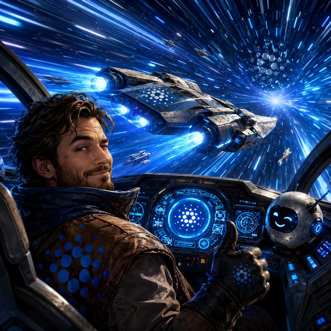 A confident pilot glances back from his starship cockpit with a thumbs-up beside his smiling robot companion, as a sleek vessel jumps to hyperspace through streaking blue starfields. The image playfully mirrors the Cardano post's Kessel Run boast, symbolizing $ADA's leap to warp speed following the Leios upgrade.