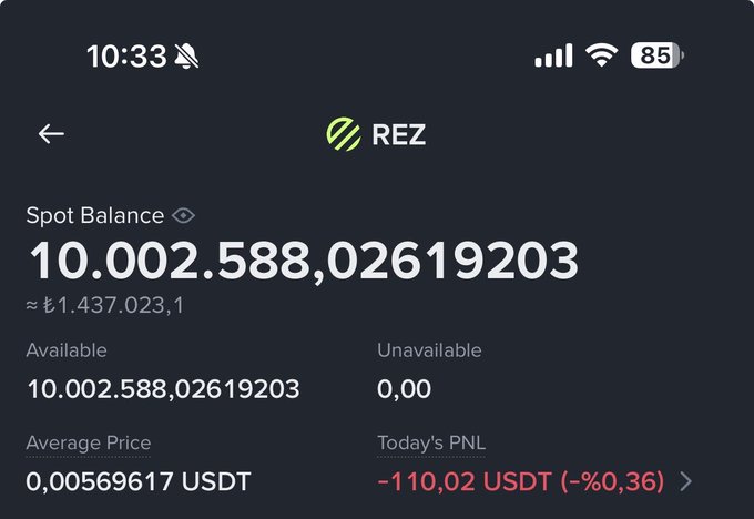 The image shows a Binance-style mobile screenshot of the REZ token spot balance, displaying 10.002,588,02619203 REZ (~₺1.437.023,1) with an average price of 0,00569617 USDT and a today's PNL of -110,02 USDT (-%0,36). The screenshot visually supports the post's message about REZ failing to break the $0.0033 resistance and returning to its support zone, with the negative PNL reflecting the token's current downward pressure before an anticipated move.