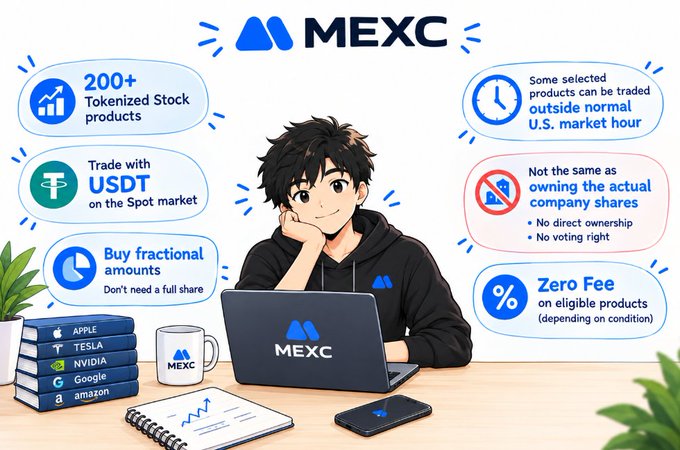 Marketing illustration for 'MEXC' cryptocurrency exchange featuring an anime-style character with a laptop, highlighting features like '200+ Tokenized Stock products', trading with USDT, and zero fees.