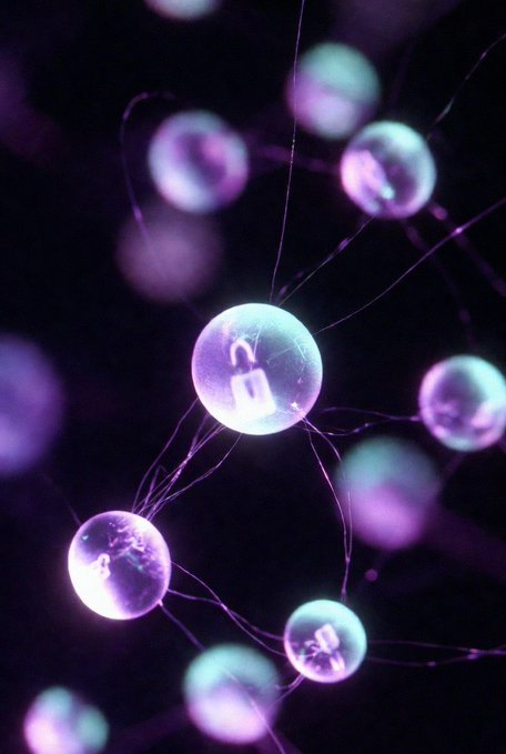 An abstract digital artwork shows glowing translucent purple and blue spheres connected by thin lines, with a padlock icon glowing inside the central sphere.
