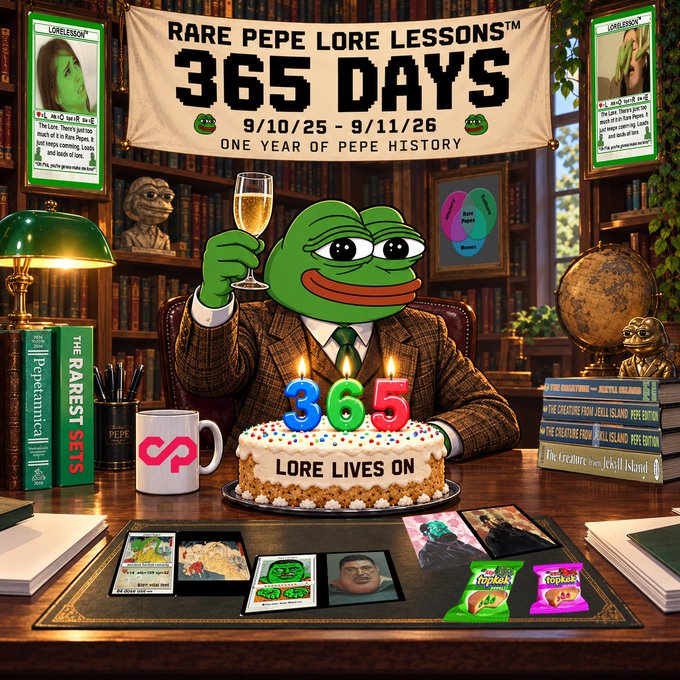 An illustration celebrates 'RARE PEPE LORE LESSONS 365 DAYS' from 9/10/25 - 9/11/26 with a tuxedo-wearing Pepe holding champagne behind a 'LORE LIVES ON' birthday cake.