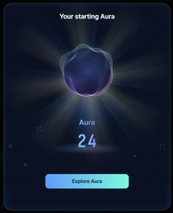 A glowing 3D geometric orb labeled "Your starting Aura" displays an "Aura 2.4" score above an "Explore Aura" button, directly visualizing the user's initial starting score on KaitoAI's Aura system as referenced in their post inviting others to check their own Aura ratings.