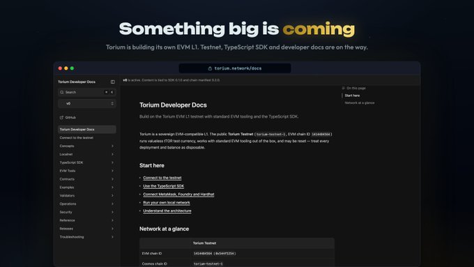 A promotional image featuring the headline "Something big is coming" with the word "coming" highlighted in yellow, showcasing a preview of the Torium Developer Docs interface (torium.network/docs) displayed in a dark-themed browser mockup. The docs page displays navigation sections including Concepts, TypeScript SDK, EVM Tools, and Examples, with visible content highlighting "Torium Developer Docs," "Start here" links for connecting to the testnet and using the TypeScript SDK, and a "Network at a glance" table showing Torium Testnet details (EVM chain ID: 1614695584, Cosmos chain ID: torium-testnet-1) — directly teasing the testnet, TypeScript SDK, and developer tooling mentioned in the accompanying post.