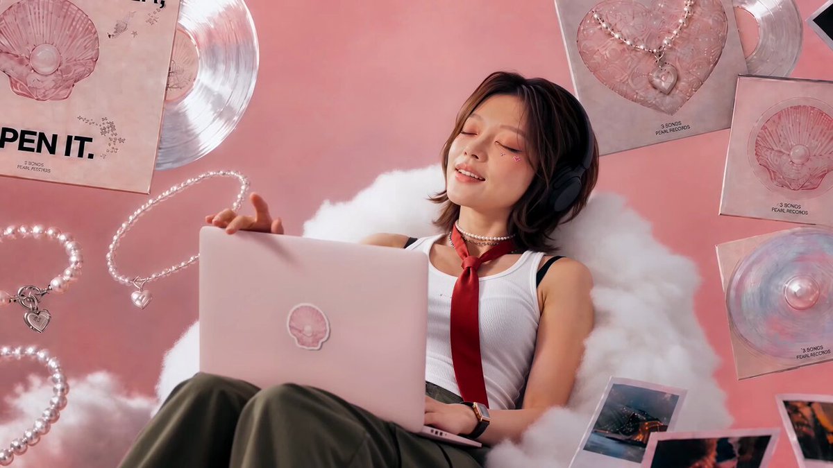 The image features a woman sitting on a chair with her laptop open before her. The background of the photo includes various items such as a heart-shaped necklace, a pearl necklace, and other jewelry pieces. There are also several CDs scattered around the scene. The text in the image reads "Alibaba has upgraded HappyOyster 1.0, a real-time interactive model by Alibaba Token Hub (ATH) business group". This suggests that the woman is using an enhanced version of the HappyOyster game on her laptop, which offers improved gameplay and richer interactions with the environment.