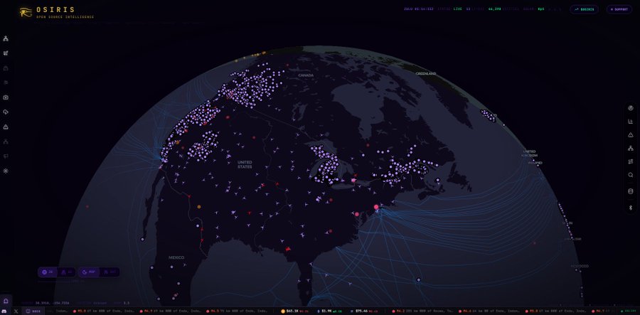 A dark-themed dashboard called 'OSIRIS' displaying an interactive 3D globe with colorful data points scattered across regions including the United States and Canada, with an 'ANALYZE' button.