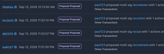 The image displays a series of recent multi-sig proposals submitted by user "paul123" on the Proton blockchain, including proposals for "recnobown," "recunion," "recsal," and "recnobreed," all marked as "Propose Proposal" actions dated around September 12-13, 2026. These proposals relate directly to the $XPR hack update, as they represent the on-chain governance steps required to reclaim control of the attacker's accounts and recover the remaining ~$9M in stolen funds, with their approval dependent on Block Producer (BP) votes.