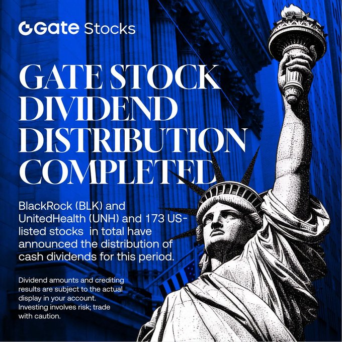 The image is a Gate Stocks promotional graphic announcing the completion of a dividend distribution, featuring a stylized blue-tinted Statue of Liberty against a building backdrop. The headline "GATE STOCK DIVIDEND DISTRIBUTION COMPLETED" appears prominently, with details noting that BlackRock (BLK), UnitedHealth (UNH), and 173 other US-listed stocks distributed cash dividends, matching the accompanying post about USDT-equivalent payouts to eligible users.