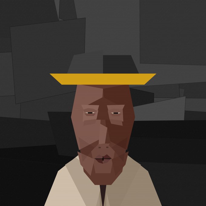 A low-poly style digital portrait of a Black man wearing a wide-brimmed yellow hat against a dark, geometric background.