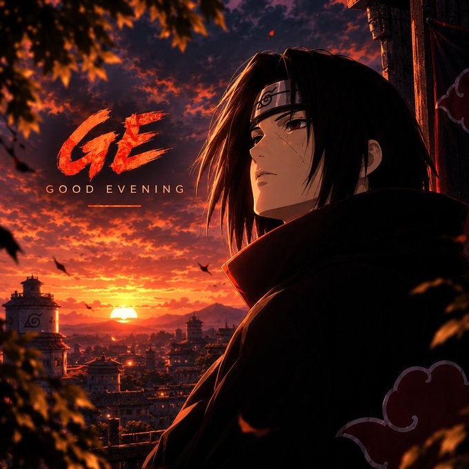 An anime-style illustration of a character resembling Itachi Uchiha from Naruto wearing an Akatsuki cloak against a dramatic sunset, with the stylized text 'GE GOOD EVENING' in red.