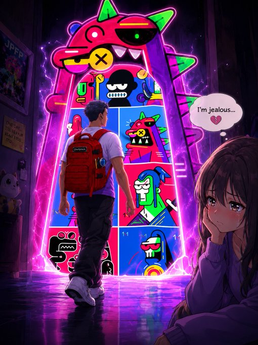 A young man with a red backpack stands before a glowing neon portal displaying colorful cartoon monster characters, while an anime girl with brown hair thinks 'I'm jealous...' in a speech bubble.