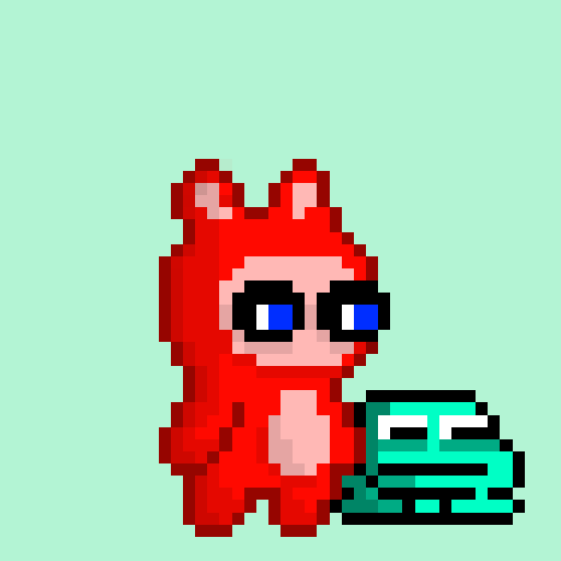 A pixel art character in a red devil or bear costume with sunglasses sits next to a green frog-like creature against a mint green background.
