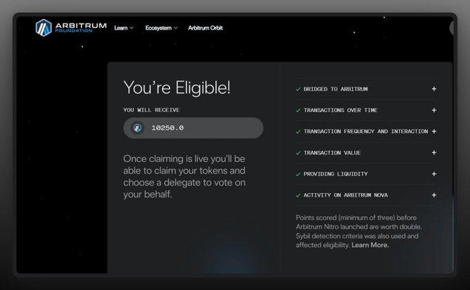 The image shows an Arbitrum Foundation airdrop eligibility page displaying "You're Eligible!" with a reward of 10,250 ARB tokens, listing criteria such as bridging activity, transaction history, and liquidity provision. This connects to the post by visually showcasing the ARB airdrop being reminisced about—one of the most significant retroactive L2 token distributions at 10,250 ARB.